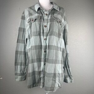 Roxy Plaid Flannel Button Up Shirt Womens Size XL Sage Green Cotton Surf Grunge